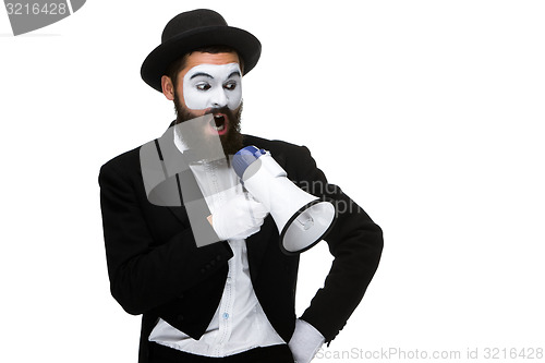 Image of mime as business man with a megaphone