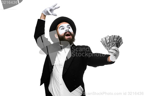 Image of mime as a businessman screaming with delight