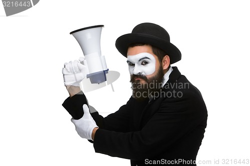 Image of mime as business man with a megaphone