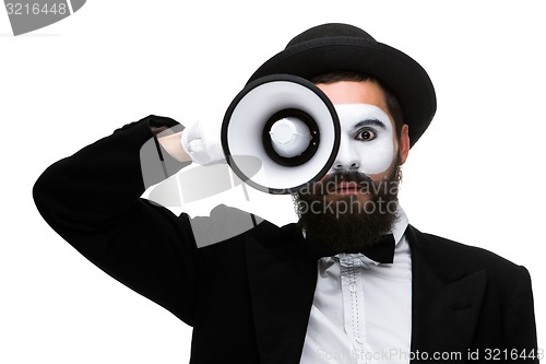 Image of mime as business man with a megaphone