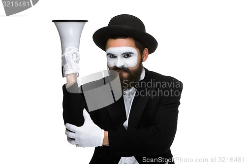 Image of mime as business man with a megaphone