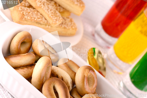 Image of sweet cake on white plate and juice