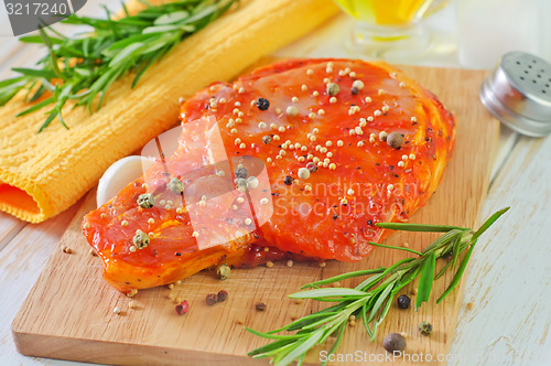 Image of raw steak with aroma spices