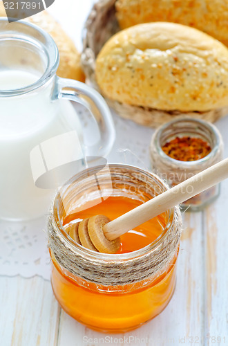 Image of honey,bread and milk