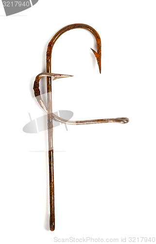 Image of Letter F composed of old rusty fish hooks