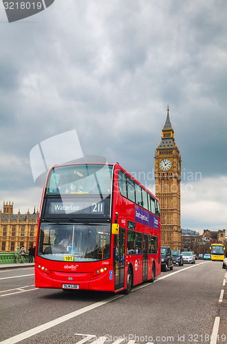 Image of Iconic red double decker bus in London, UK