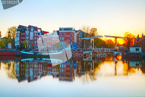 Image of City view of Amsterdam, the Netherlands at sunrise 