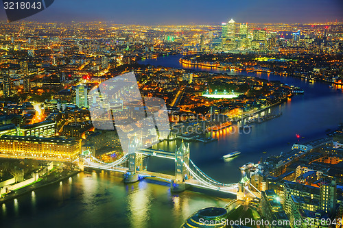 Image of Aerial overview of London city with the Tower bridge