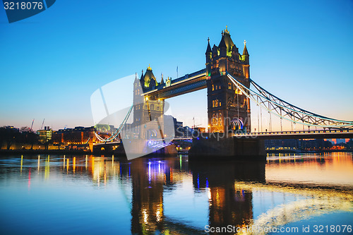 Image of Tower bridge in London, Great Britain at sunrise