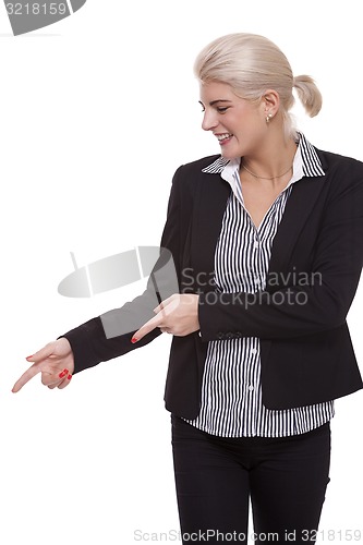 Image of Businesswoman Pointing Up While Looking at Camera