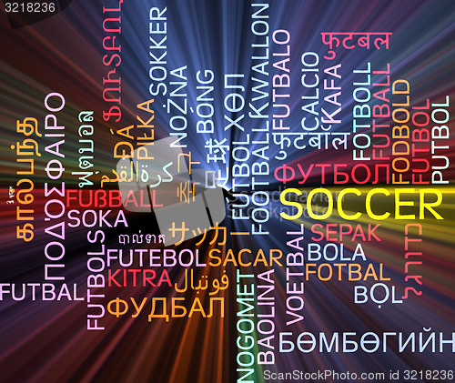 Image of Soccer multilanguage wordcloud background concept glowing