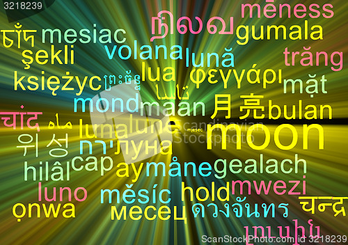 Image of Moon multilanguage wordcloud background concept glowing