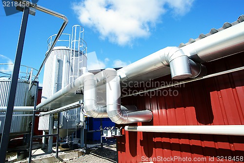 Image of Industrial zone, Steel pipelines and valves against blue sky