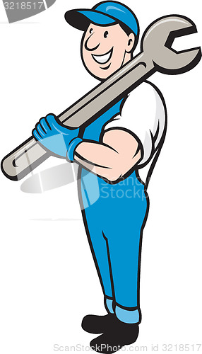 Image of Mechanic Smiling Spanner Standing Cartoon