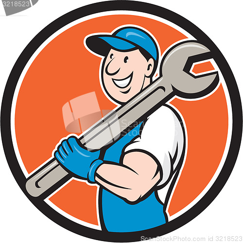 Image of Mechanic Smiling Spanner Standing Circle Cartoon