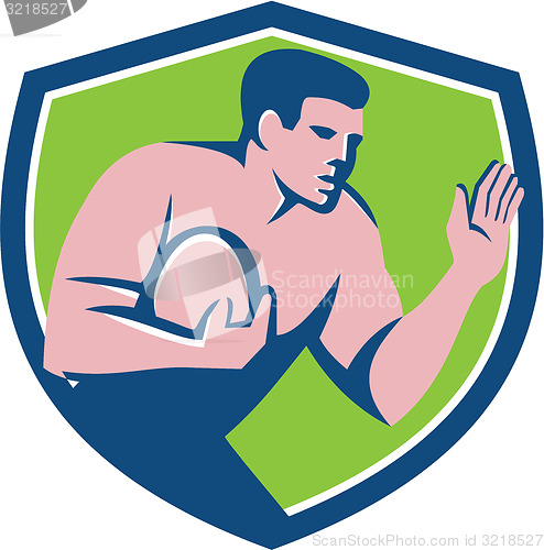Image of Rugby Player Ball Fend Off Shield Retro