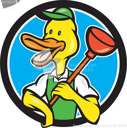 Image of Duck Plumber Holding Plunger Circle Cartoon