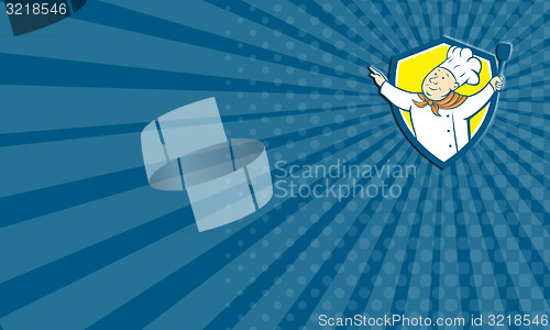 Image of Business card Chef Cook Arm Out Spatula Shield Cartoon