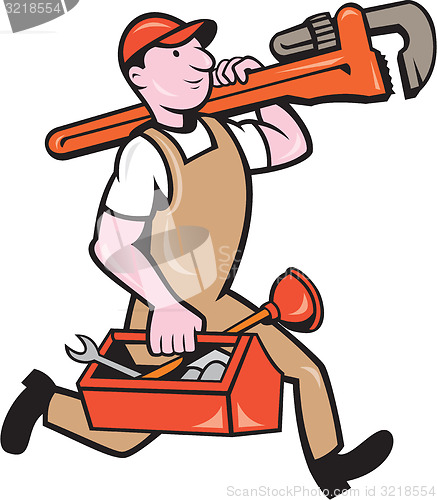 Image of Plumber Carrying Monkey Wrench Toolbox Running