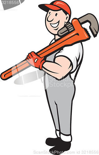 Image of Plumber Smiling Holding Monkey Wrench Isolated