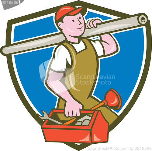 Image of Plumber Carrying Pipe Toolbox Crest Cartoon