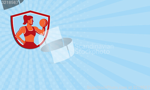 Image of Business card Female Lifting Dumbbell Shield Retro