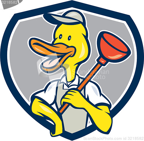 Image of Duck Plumber Holding Plunger Shield Cartoon