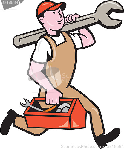 Image of Mechanic Carrying Spanner Toolbox Running Isolated