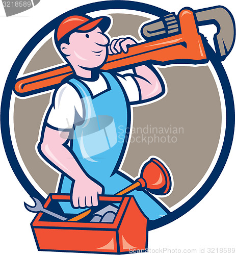 Image of Plumber Carrying Monkey Wrench Toolbox Circle 