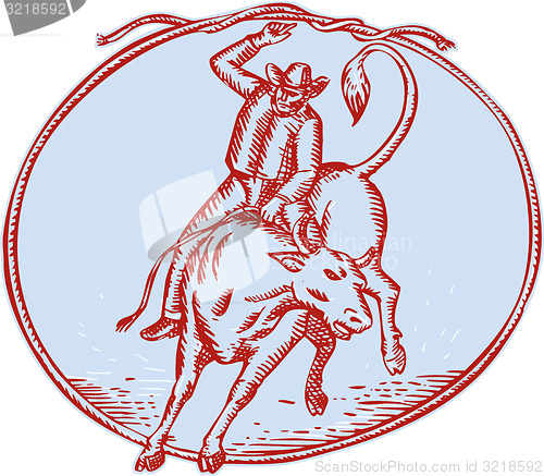 Image of Rodeo Cowboy Bull Riding Circle Etching