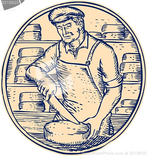 Image of Cheesemaker Cutting Cheddar Cheese Etching