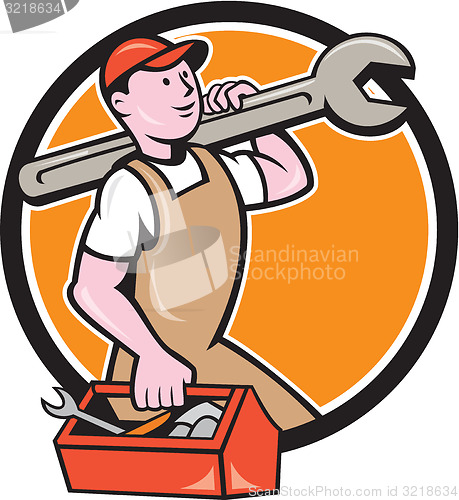 Image of Mechanic Carrying Spanner Toolbox Circle Cartoon