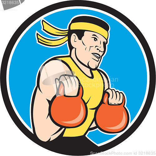 Image of Strongman Lifting Kettlebell Circle Cartoon