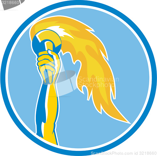 Image of Hand Holding Burning Flaming Torch Circle Retro