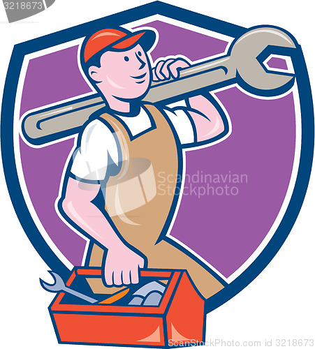 Image of Mechanic Carrying Spanner Toolbox Crest Cartoon