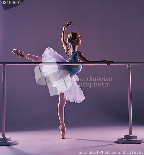 Image of classic ballerina posing at ballet barre