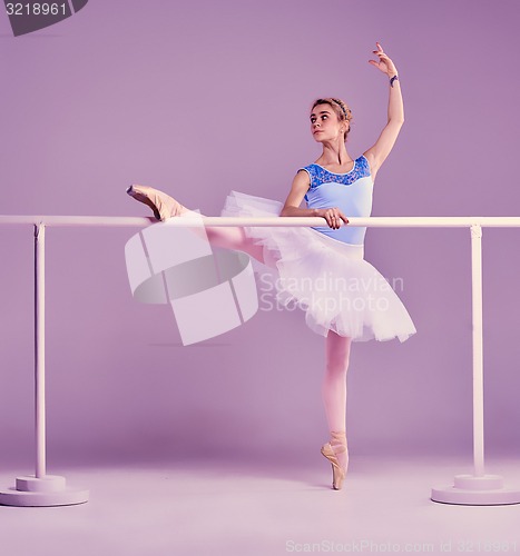 Image of classic ballerina posing at ballet barre