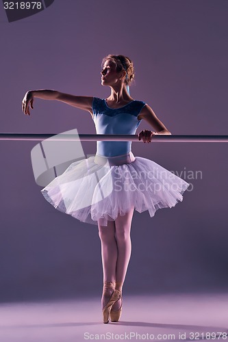 Image of classic ballerina posing at ballet barre