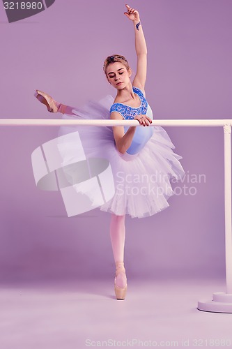 Image of classic ballerina posing at ballet barre