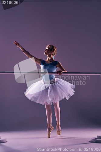 Image of classic ballerina posing at ballet barre