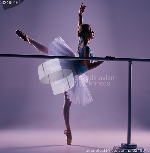 Image of classic ballerina posing at ballet barre