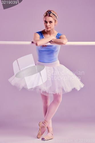 Image of classic ballerina posing at ballet barre