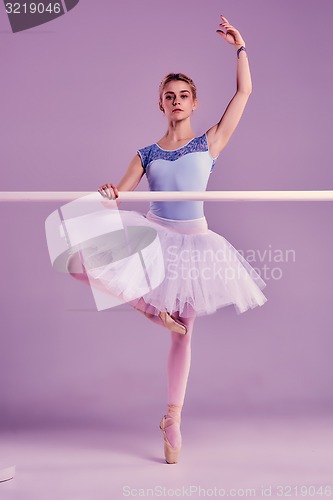 Image of classic ballerina posing at ballet barre