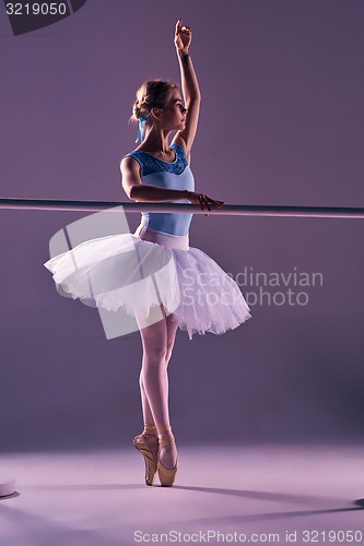 Image of classic ballerina posing at ballet barre