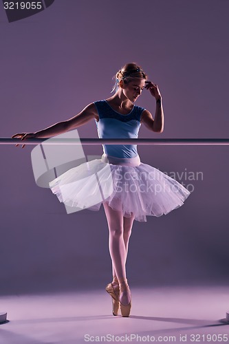 Image of classic ballerina posing at ballet barre