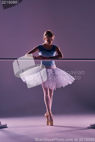 Image of classic ballerina posing at ballet barre