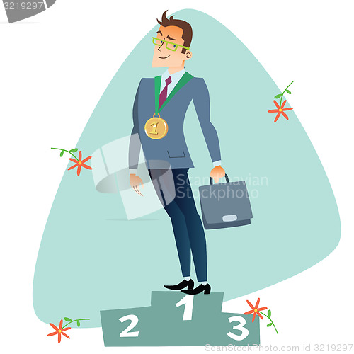 Image of Businessman in first place of the podium business sports competi