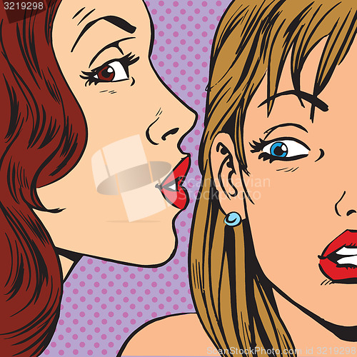 Image of Gossips whisper of a womans ear. Emotional reaction men pop art 