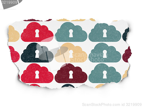 Image of Cloud technology concept: Cloud With Keyhole icons on Torn Paper background
