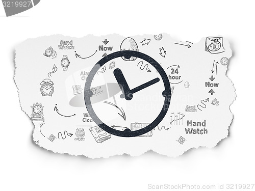 Image of Timeline concept: Clock on Torn Paper background